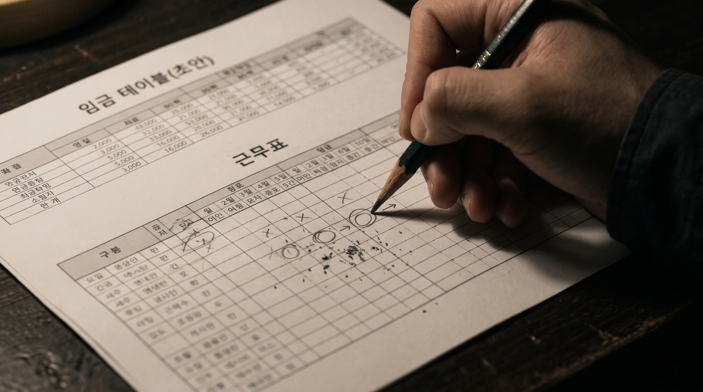 근무표와 임금 테이블 초안을 연필로 고치는 장면